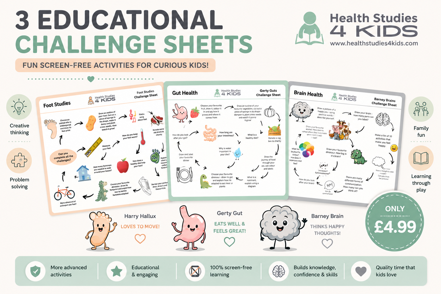 Health Studies 4 Kids - Challenge Sheet Bundle featuring Harry Hallux, Gerty Gut and Barney Brain