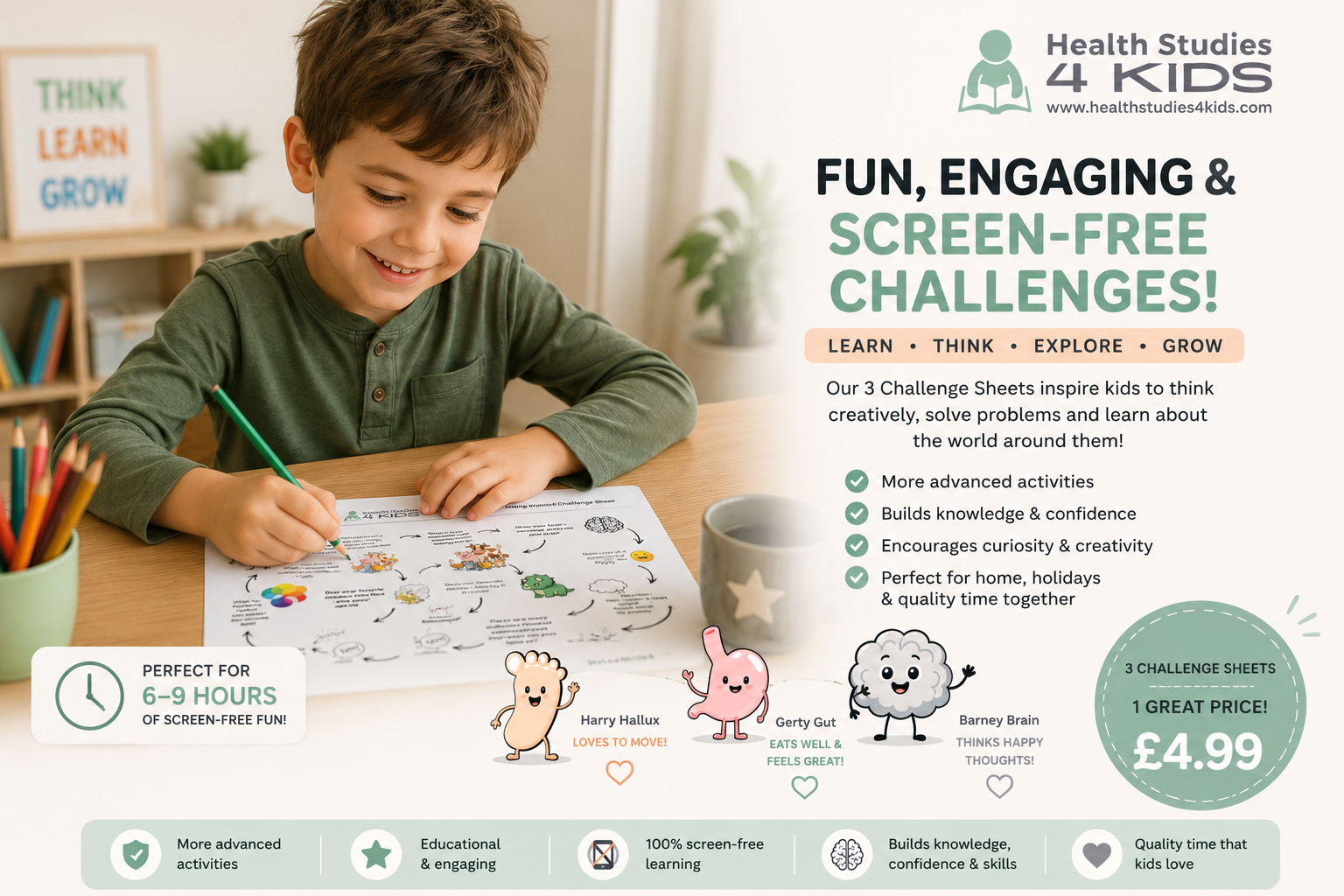 Health Studies 4 Kids - Challenge Sheet Bundle featuring Harry Hallux, Gerty Gut and Barney Brain