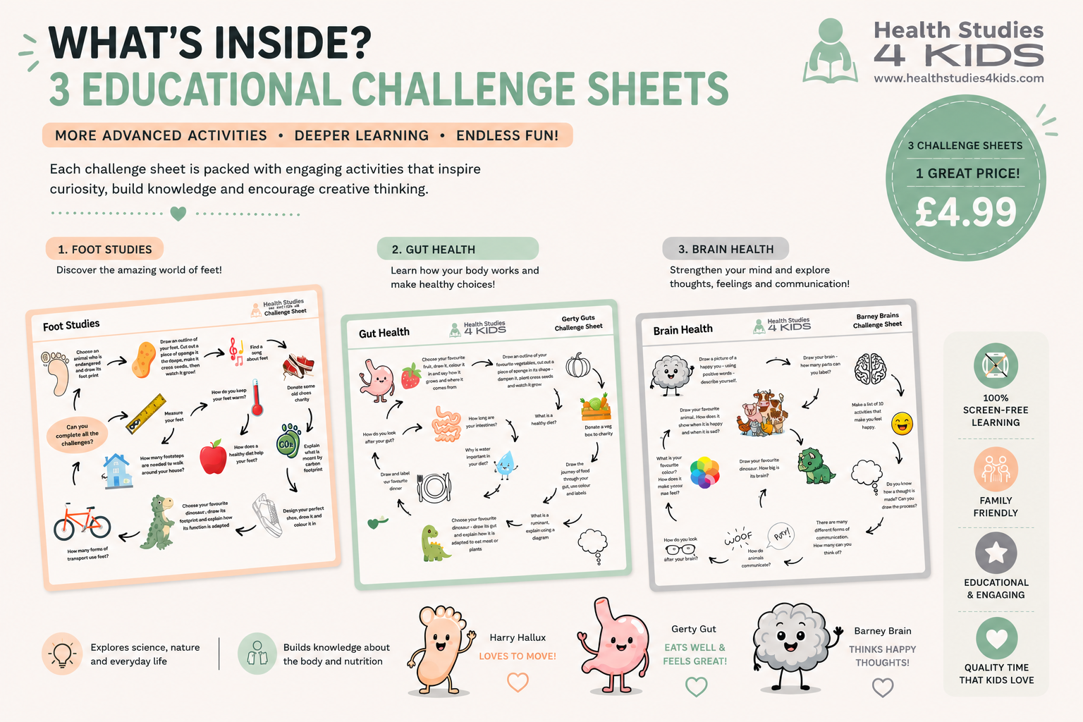 Health Studies 4 Kids - Challenge Sheet Bundle featuring Harry Hallux, Gerty Gut and Barney Brain